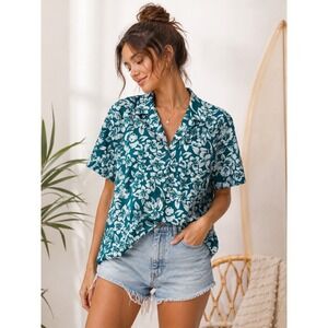 Vintage Cheryl Tiegs Turquoise White Tropical Floral Blouse Made USA Sz 14 M/L‎